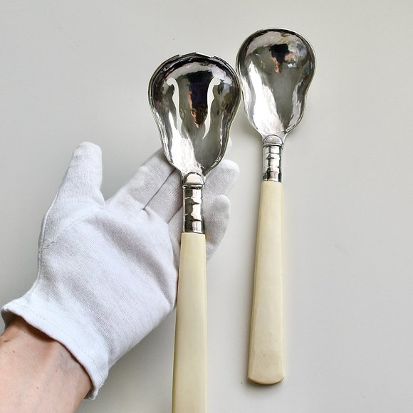 Sterling Silver 925 with Natural Horn handle Serving Spoons Set 2 - Picture 3 of 13